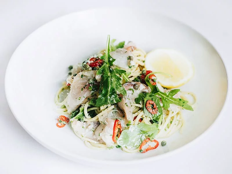 SPAGHETTI WITH KING SALMON, CHILLI, ROCKET AND CAPERS